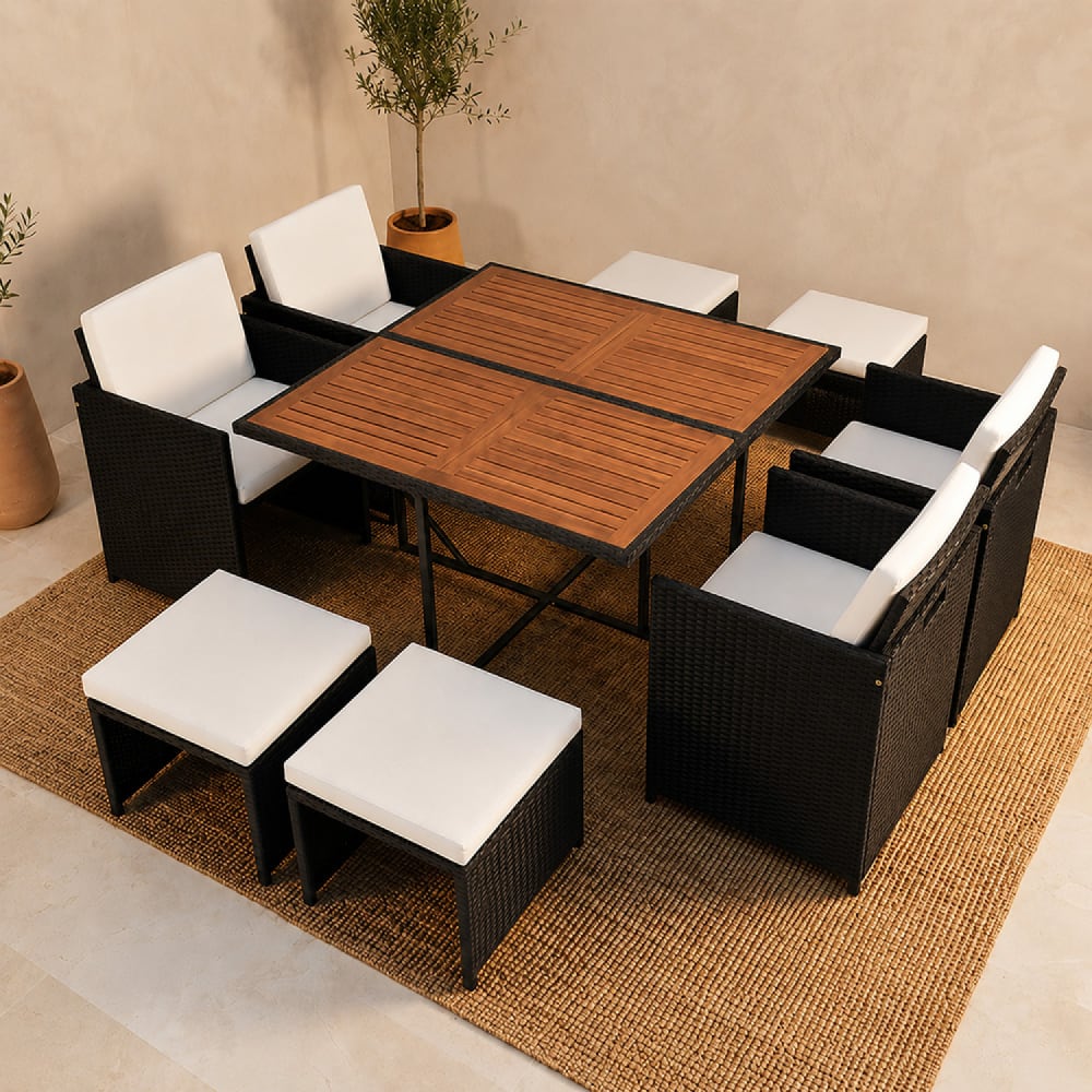 Concept Usine Eingebaute Gartenmöbel für 8 Plätze aus Akazienholz und schwarz gewebt style modern - Stahl