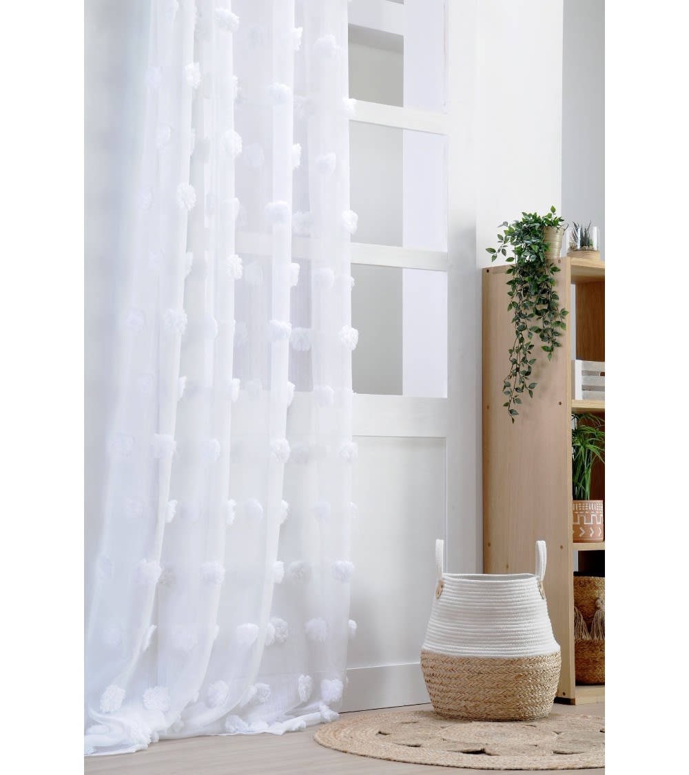 Voilage à pompons 135x260 cm - style bohème blanc