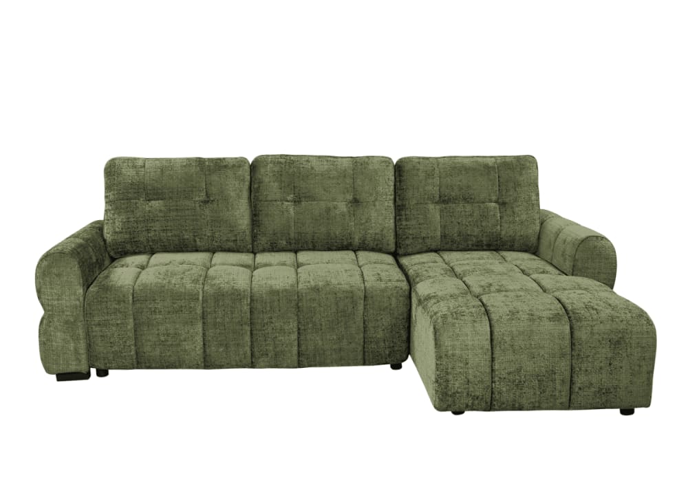 Canapé d'angle droit convertible avec coffre velours chiné vert olive