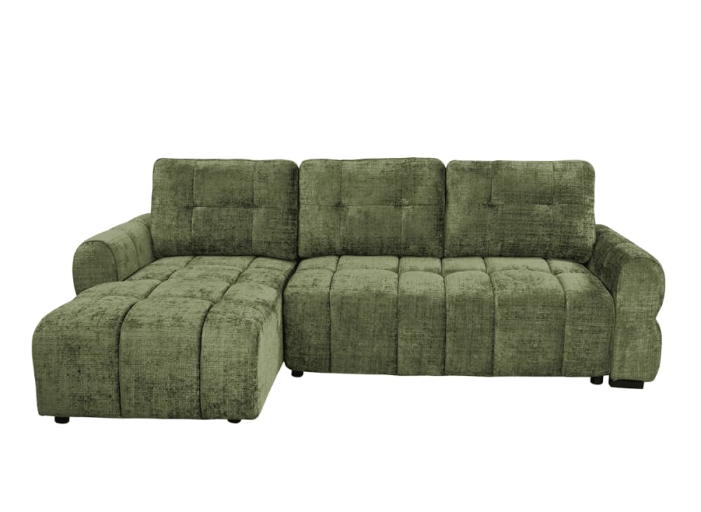 Canapé d'angle gauche convertible avec coffre velours chiné vert olive