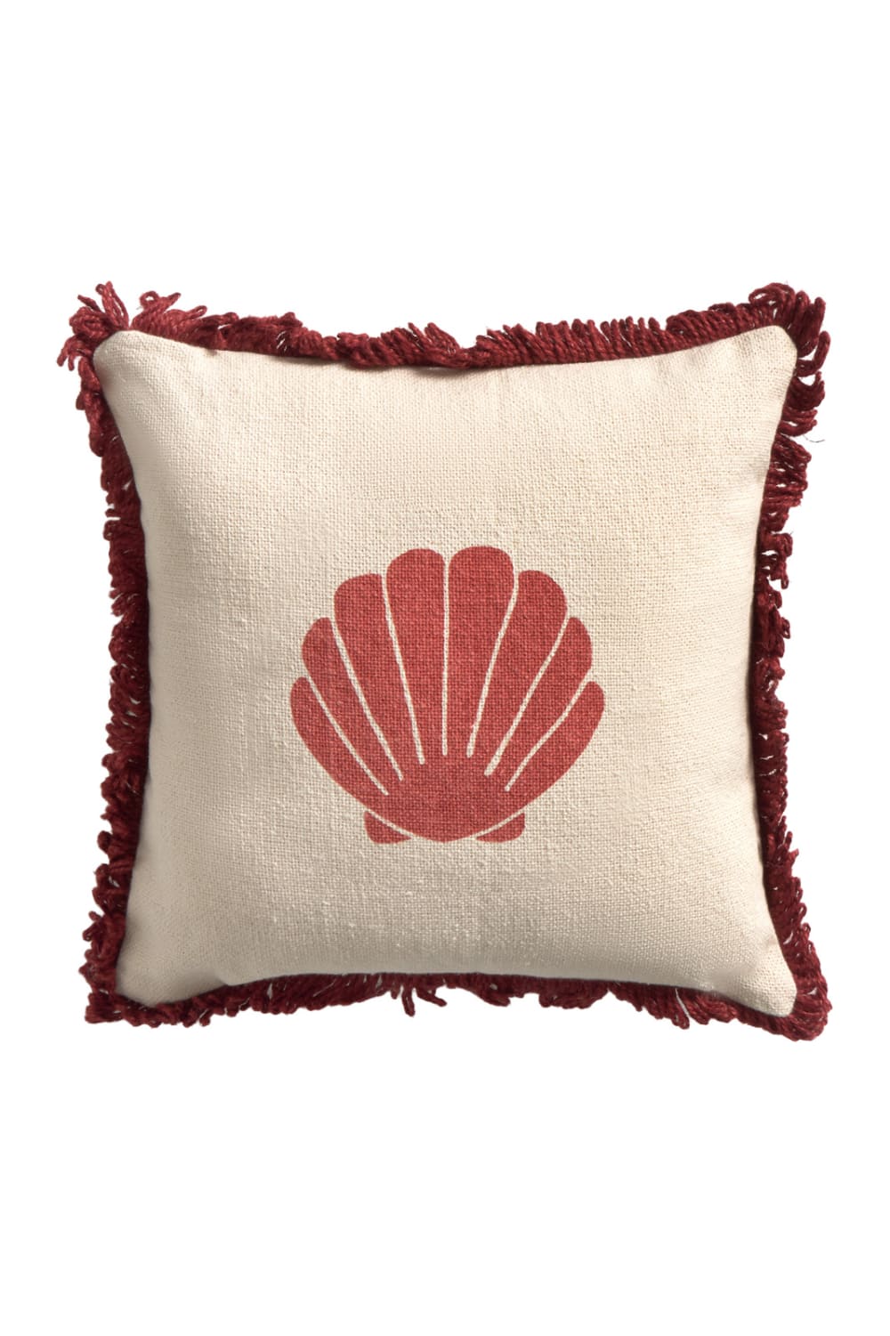 CALMA HOUSE Kissen mit Füllung. Baumwollstoff. Fertig mit roten Fransen. Zentraler Print mit Muscheldesign. Rückseite glatt. Rot