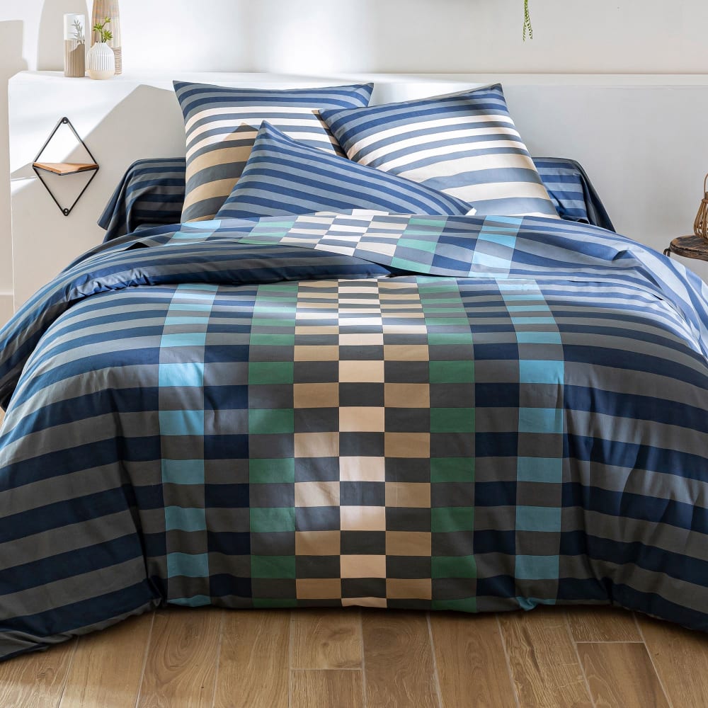 Drap-housse en coton bleu 140x190x28cm