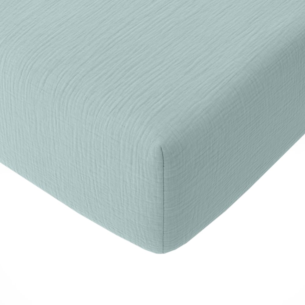 Drap housse gaze de coton bleu givrée 180x200 cm