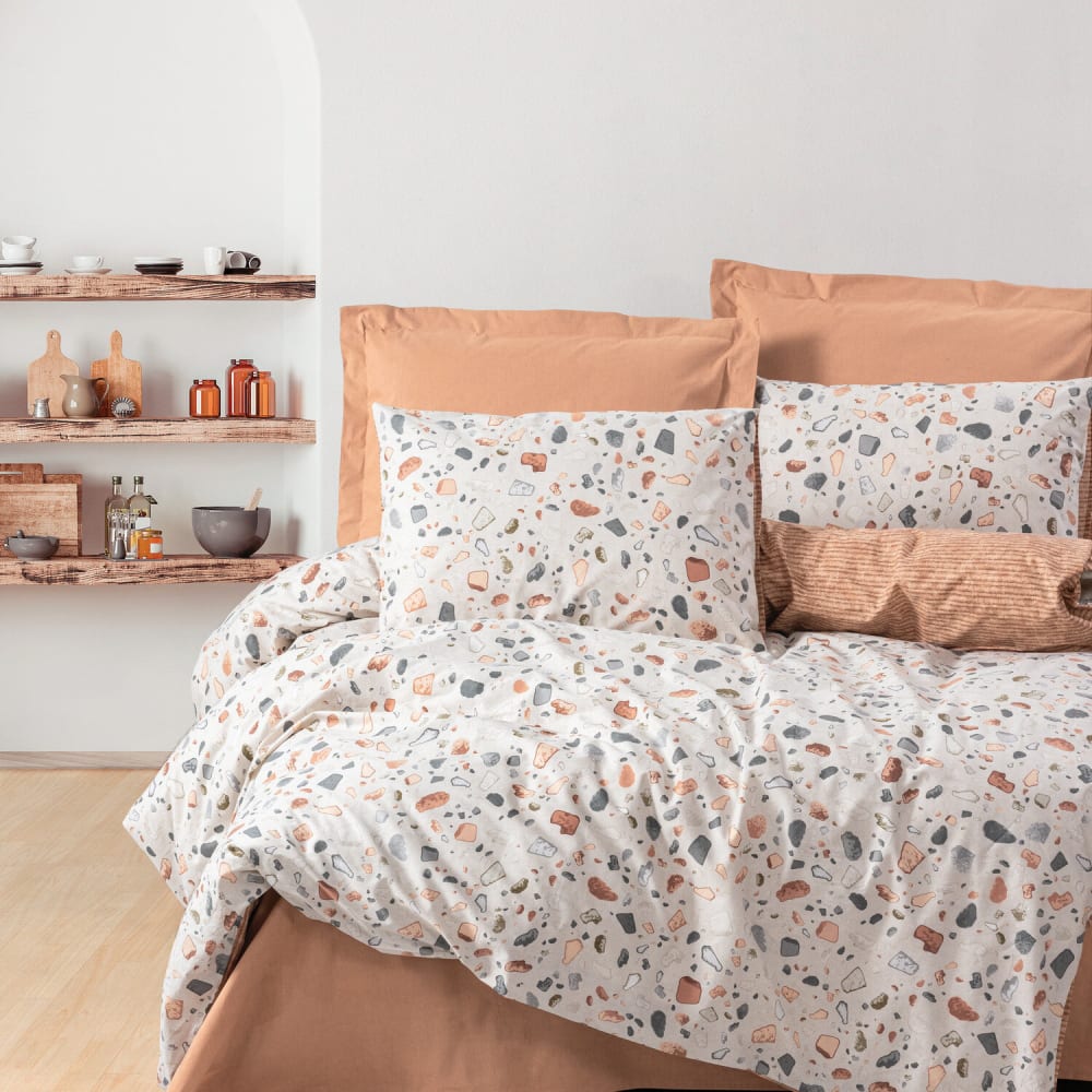 Parure de lit 100% coton motif terrazzo + 1 taie 140x200 cm