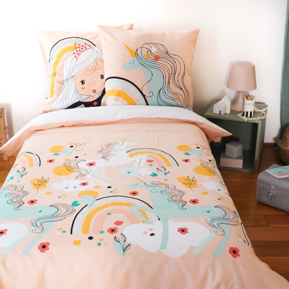 Parure de lit enfant polycoton motif licorne 140x200 cm Parure de lit enfant polycoton motif licorne 140x200 cm