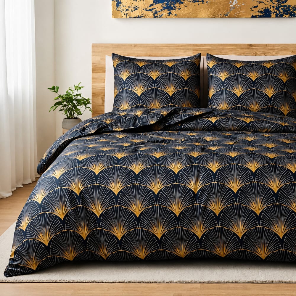 Parure de lit en microfibre motif éventail + 2 taies 260x240 cm