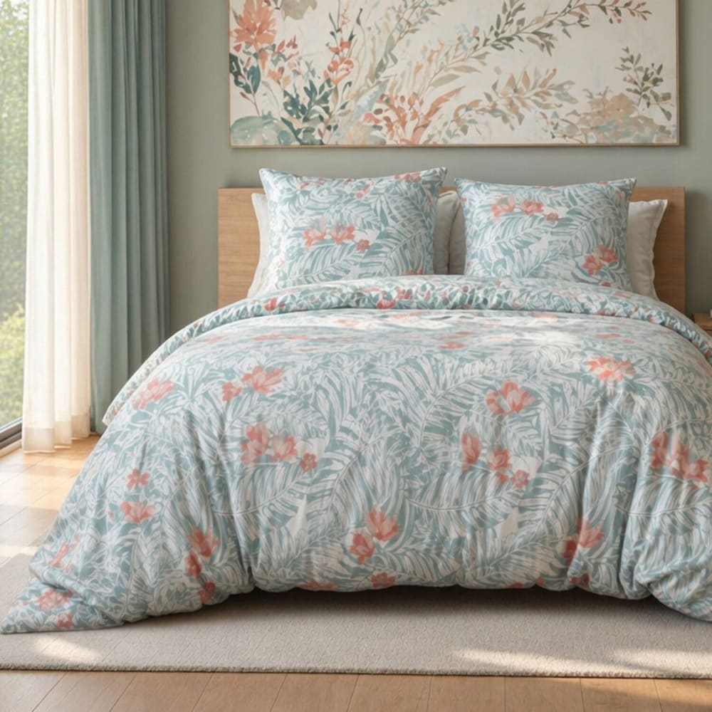 Parure de lit en microfibre motif floral + 2 taies 260x240 cm