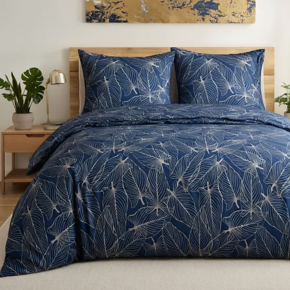 Parure de lit en microfibre motifs feuilles + 2 taies 240x220 cm