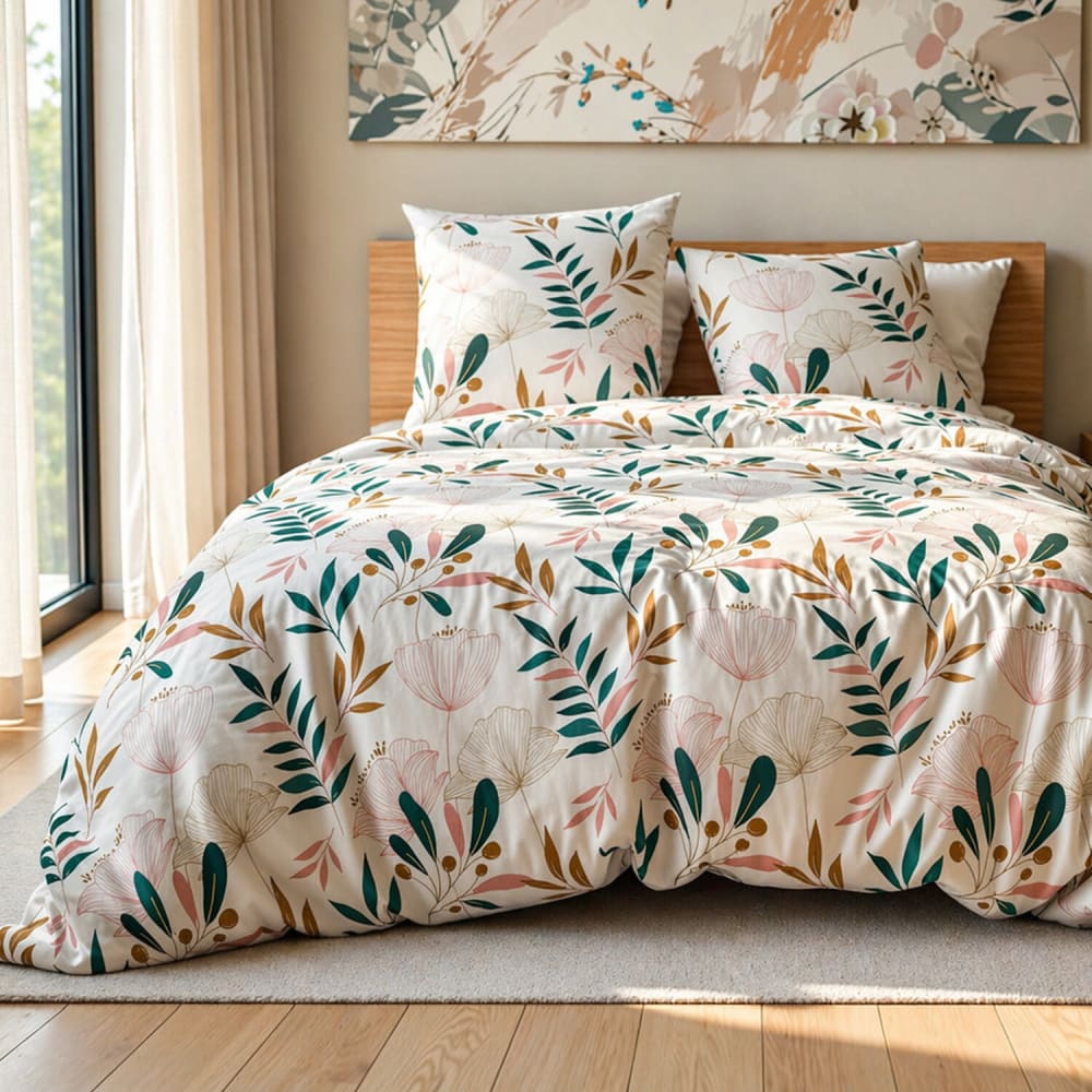 Parure de lit en microfibre motif floral + 2 taies 240x220 cm