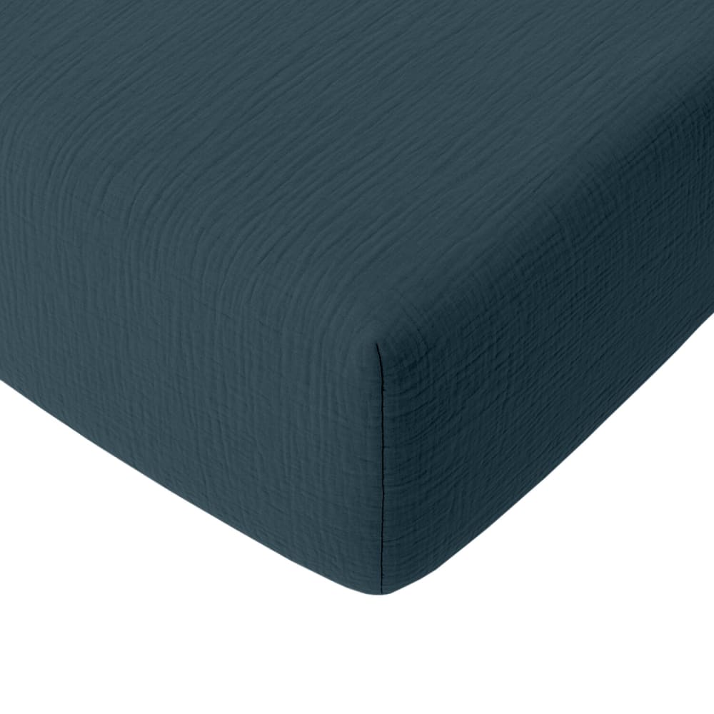 Drap housse gaze de coton bleu petrole 180x200 cm