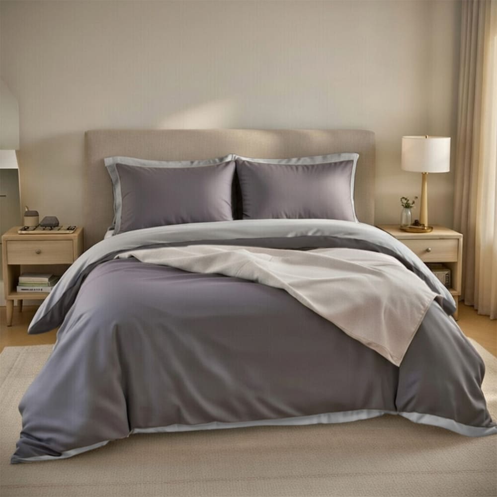 Housse de couette réversible en percale de coton uni gris 240x220 cm