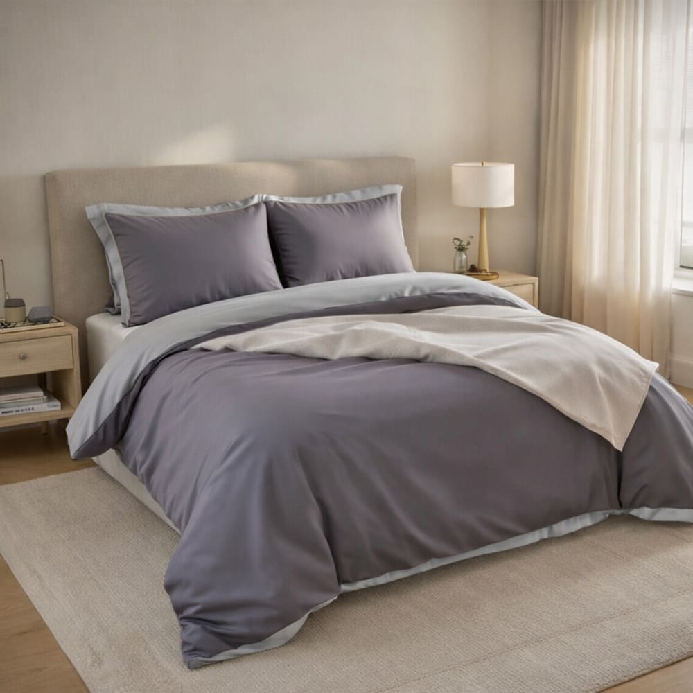 Housse de couette réversible en percale de coton uni gris 240x220 cm — vue 3