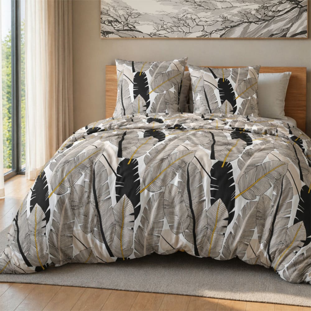 Parure de lit en microfibre motifs plumes + 2 taies 240x220 cm