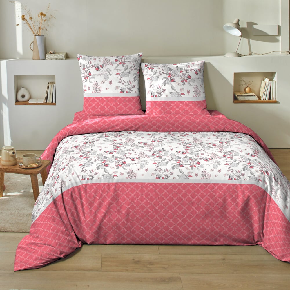Parure housse de couette en coton rose + 2 taies 240x220 cm