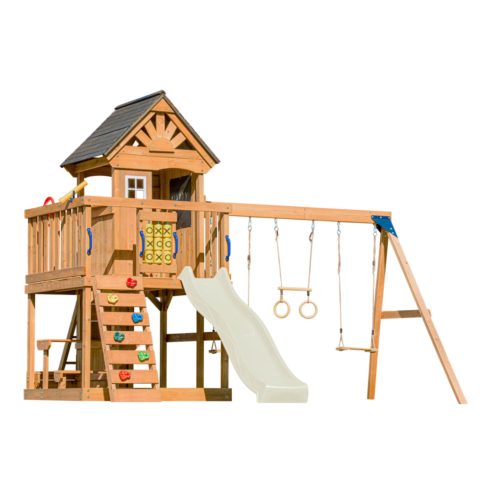 Aire de jeux avec balançoire double, toboggan crème, trapèze Aire de jeux avec balançoire double, toboggan crème, trapèze