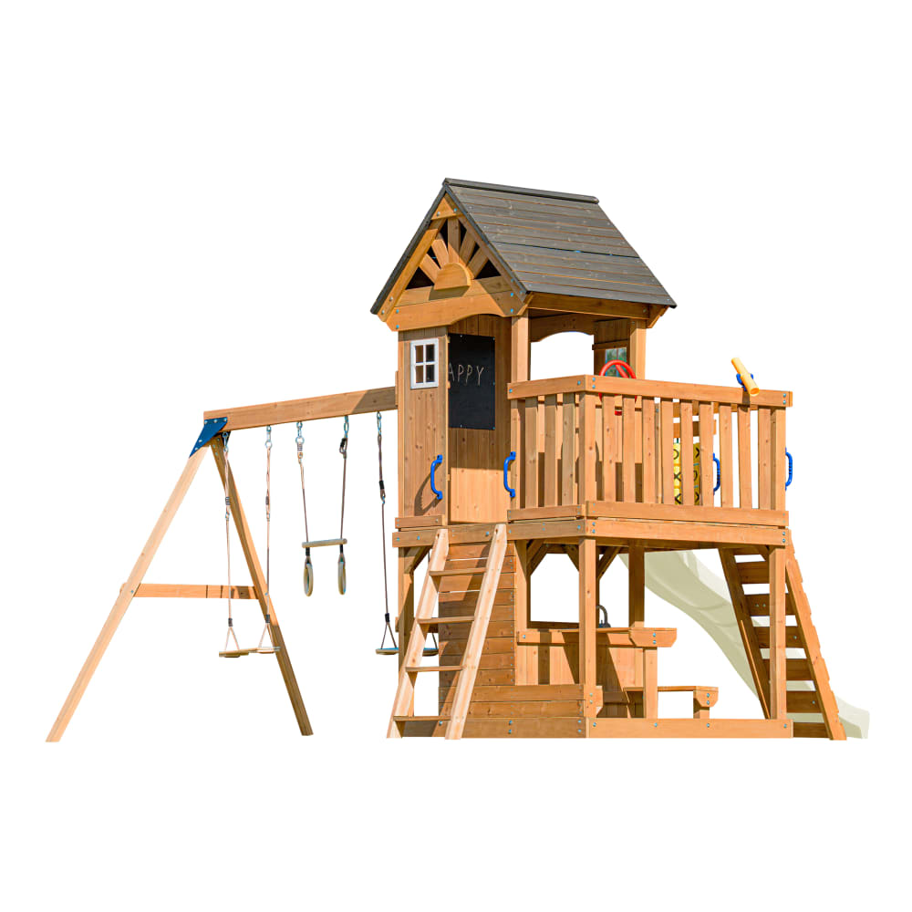 Spielturm aus Holz mit Doppelschaukel, Creme Rutsche, Trapez -