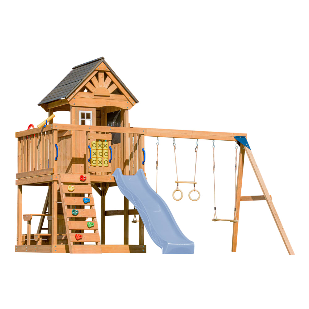 Aire de jeux avec balançoire double, toboggan bleu, trapèze Aire de jeux avec balançoire double, toboggan bleu, trapèze