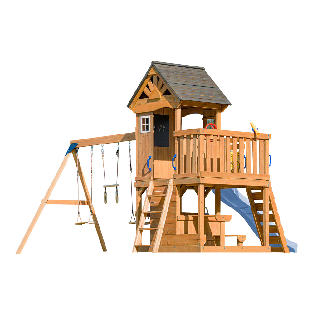 Spielturm aus Holz mit Doppelschaukel, Pastellblau Rutsche,