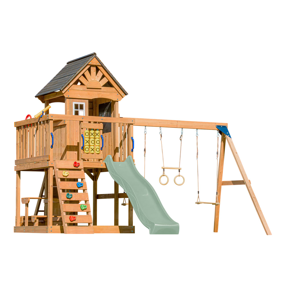 Aire de jeux avec balançoire double, toboggan vert, trapèze Aire de jeux avec balançoire double, toboggan vert, trapèze