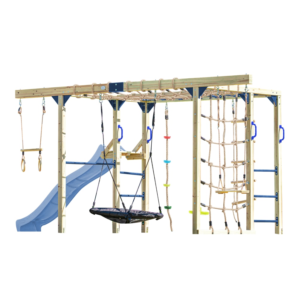 Klettergerüst aus Holz in Braun mit Pastellblau Rutsche - Maisons