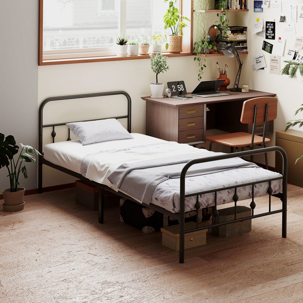 Einzelbett aus Metall mit Stauraum 90x200 cm, schwarz - Maisons