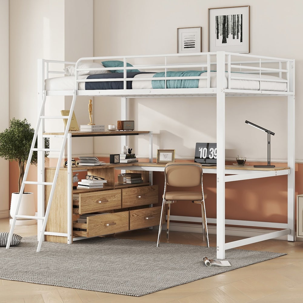 Hochbett aus MDF und Metall mit L-Schreibtisch 140x200 cm,weiß -