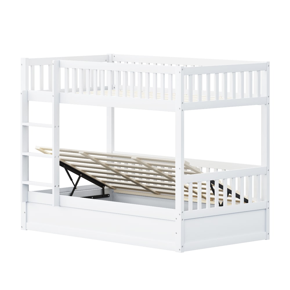 OKWISH Etagenbett aus Kiefer mit Hydraulik-Stauraum 90x200 cm,weiß Holz Baby