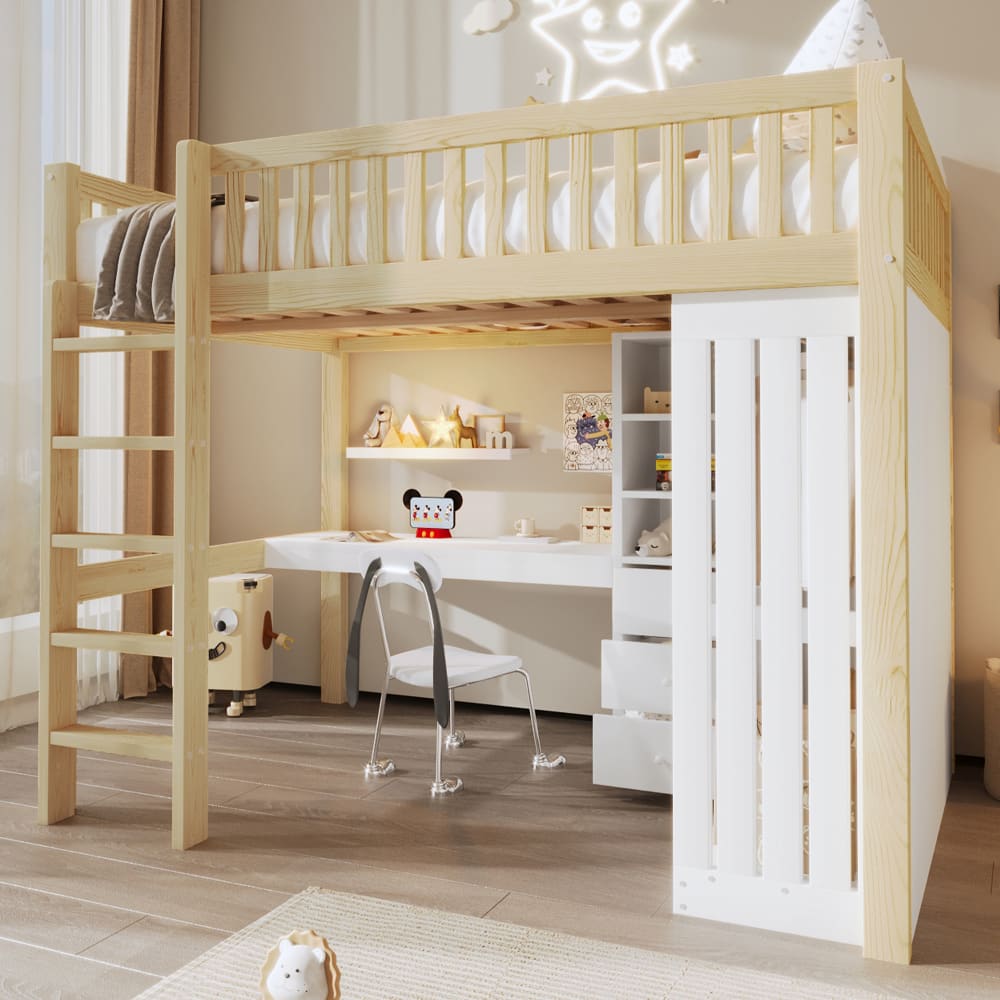 Hochbett aus Kiefer mit Schreibtisch und Schrank 140x200 cm,braun