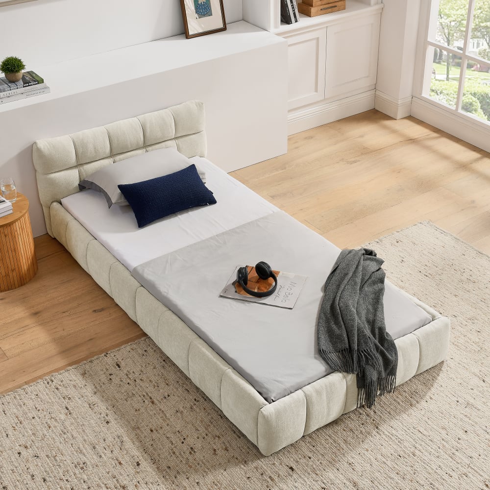 OKWISH Polsterbett aus Eukalyptusholz mit Chenille-Bezug 90x200 cm,beige Öko-Tex Zertifikat Baby -
