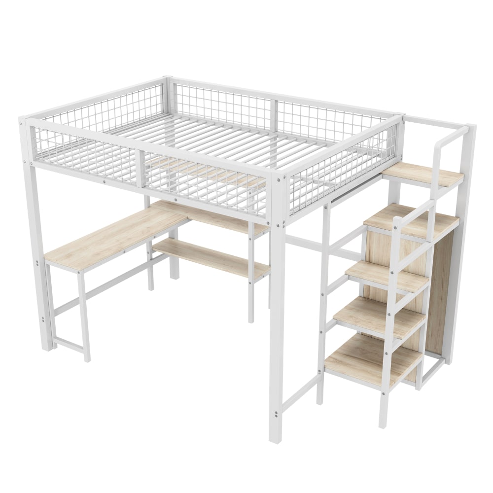 Lit mezzanine 140x200 cm en métal blanc avec bureau et rangements Lit mezzanine 140x200 cm en métal blanc avec bureau et rangements