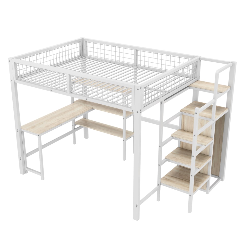 Hochbett 140x200 cm aus Metall mit Schreibtisch und Stauraum,