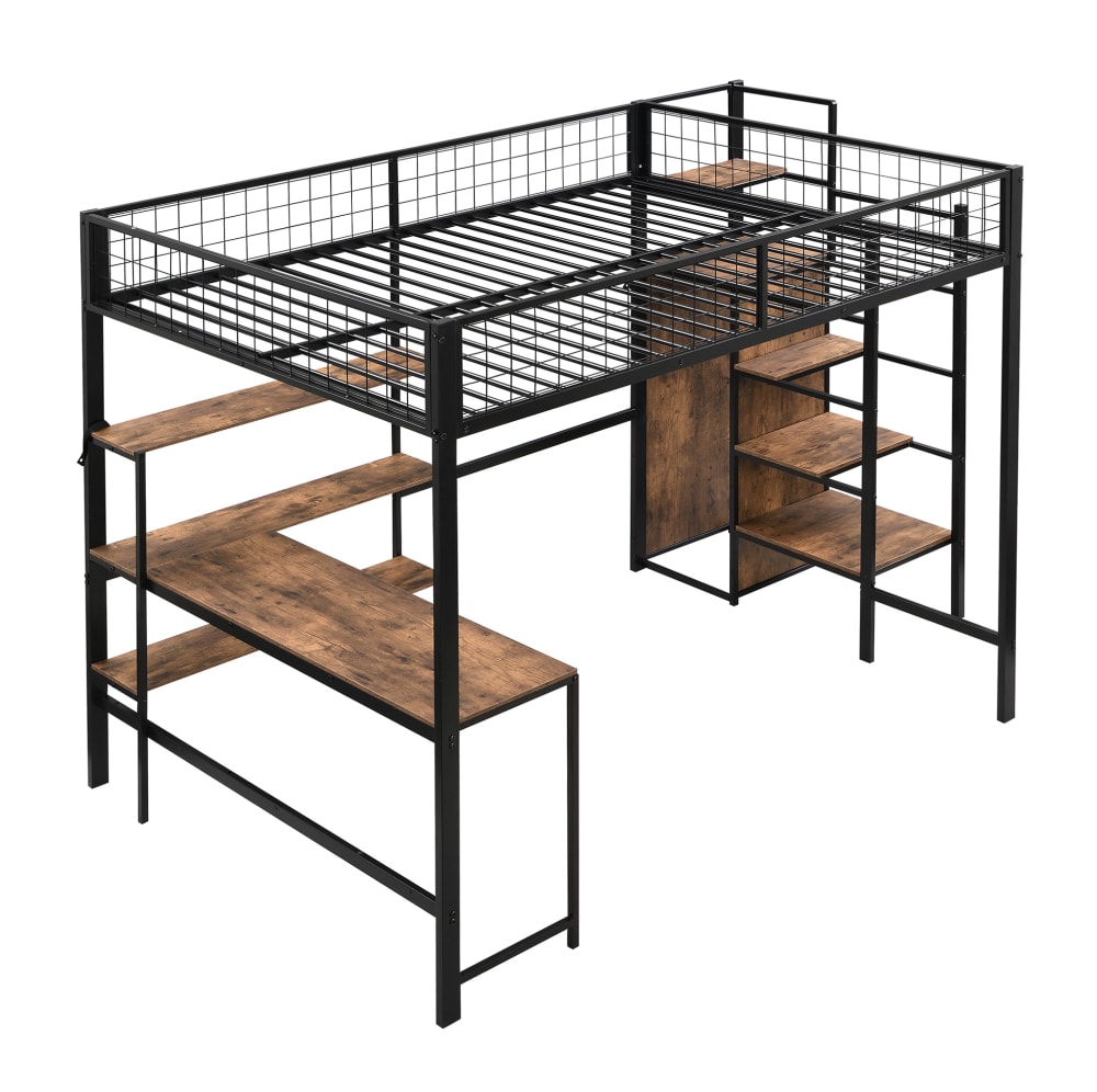 OKWISH Hochbett 140x200 cm aus Metall mit Schreibtisch und Regalen, schwarz Metall Baby