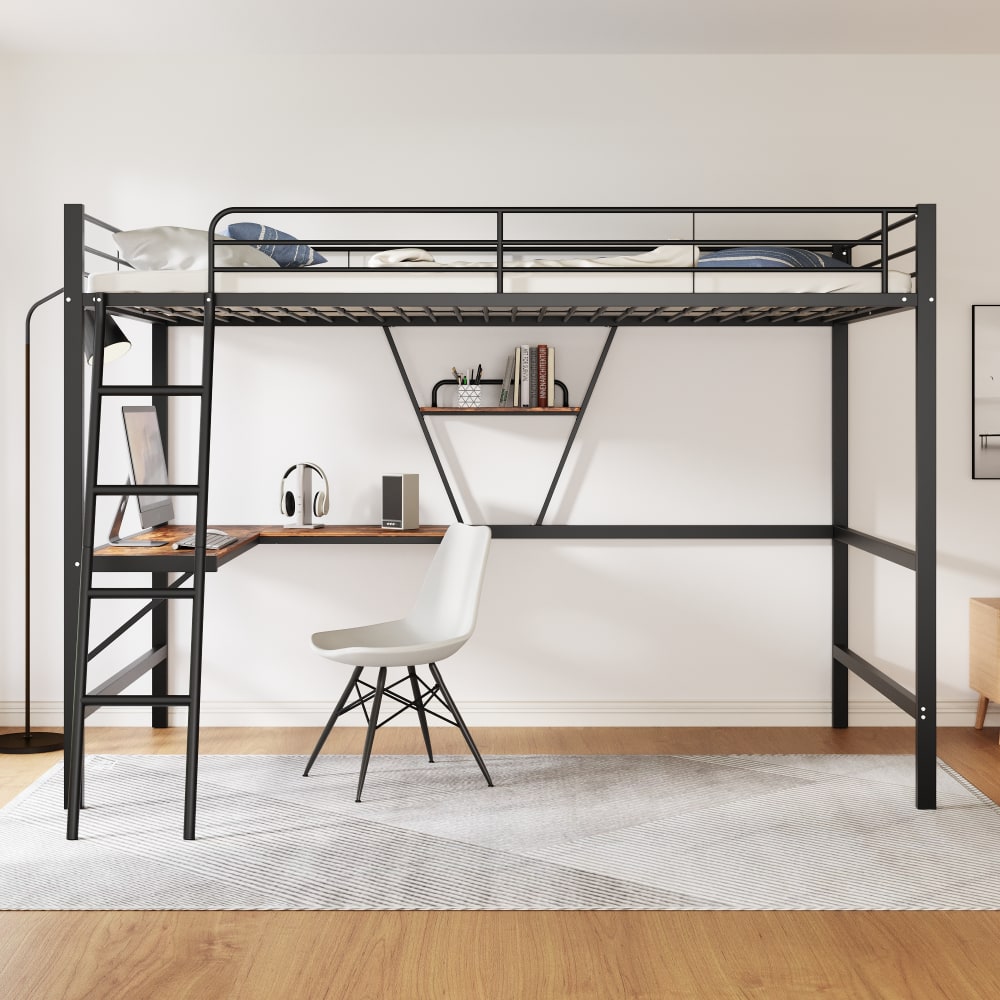 Hochbett aus Metall mit L-Schreibtisch und Regal 90x200