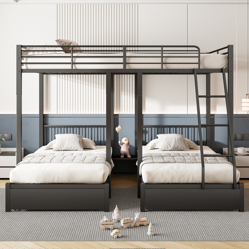 OKWISH Etagenbett aus Metall mit Schubladen 90/140x200 cm, schwarz Metall Baby