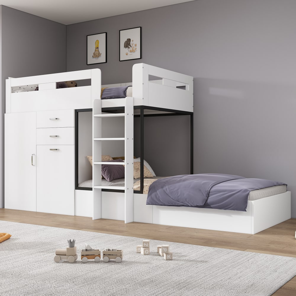 OKWISH Etagenbett aus MDF mit ausziehbarem Schreibtisch 90x140/200 cm, weiß Spanplatte Baby