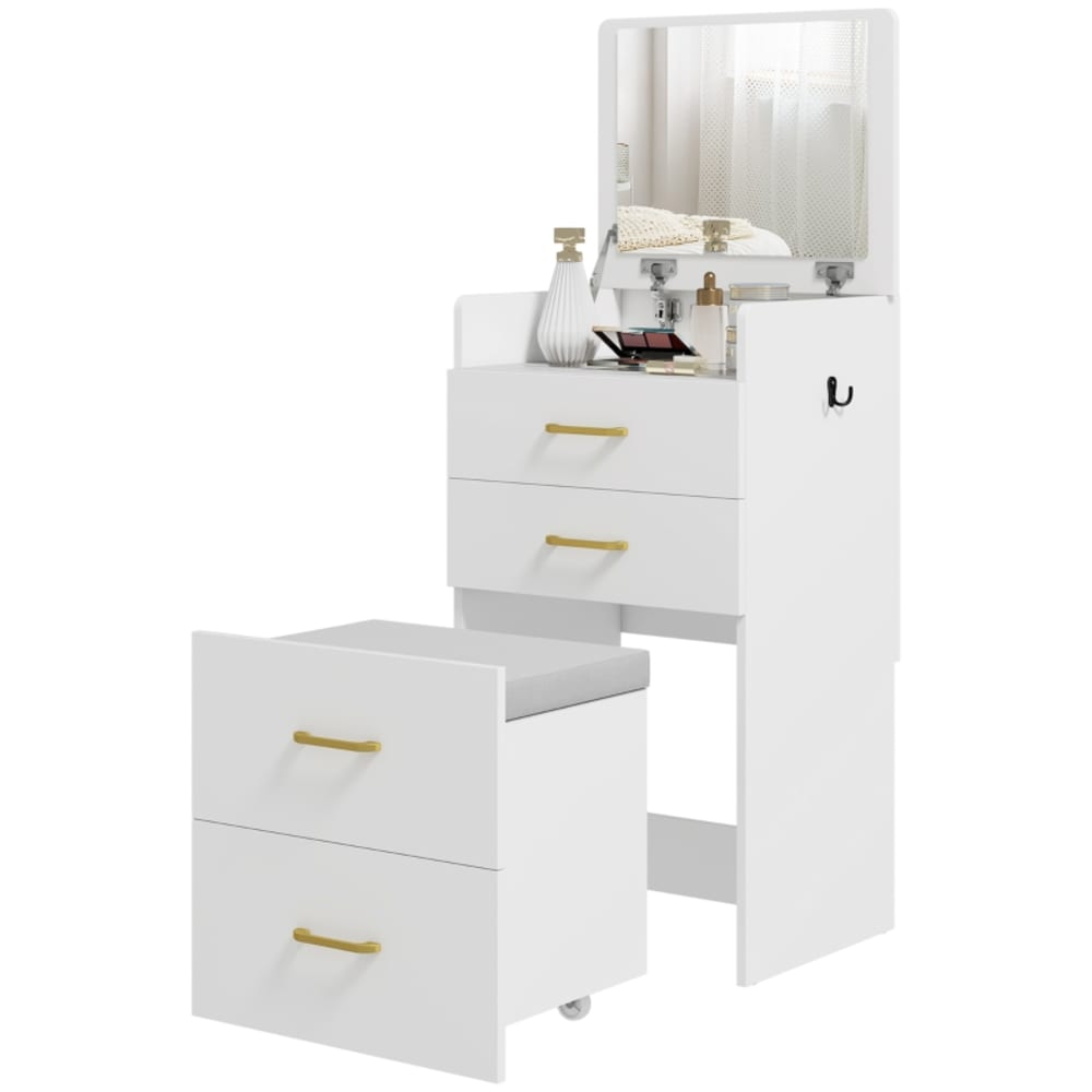 OKWISH Schminktisch aus Kiefer mit Spiegel und Hocker 48x40x90 cm, weiß - Holz