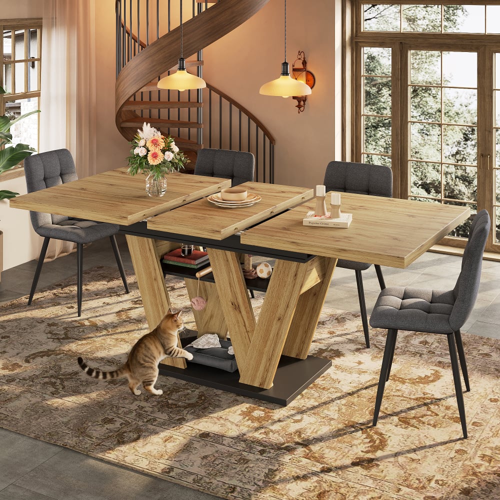 OKWISH Ausziehtisch aus MDF mit Stauraum 119/158,5x80x75 cm, schwarz-natur - Spanplatte