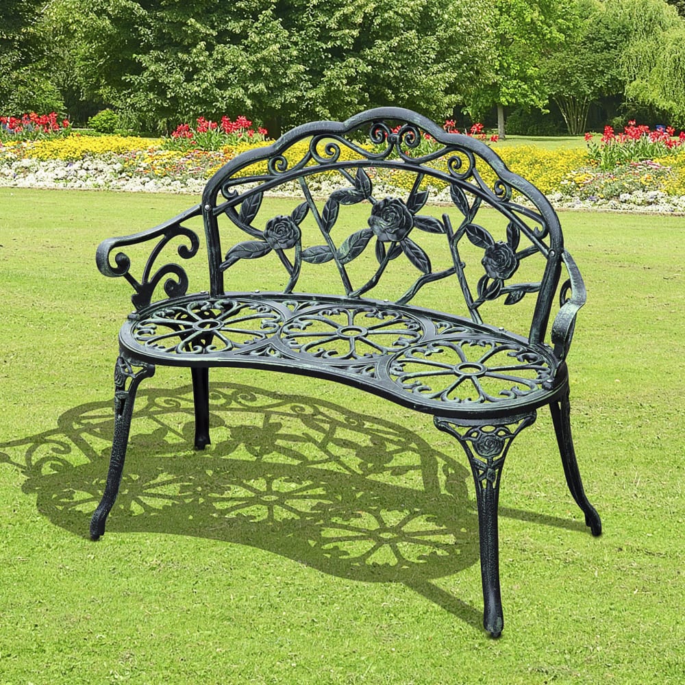 OKWISH Gartenbank aus Eisen mit Blumenmuster 100x54x78 cm, antikgrün - Stahl