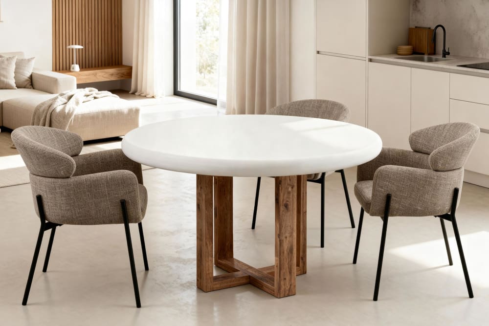 Runder Tisch mit weißer Zementplatte (100 cm) und Beinen aus