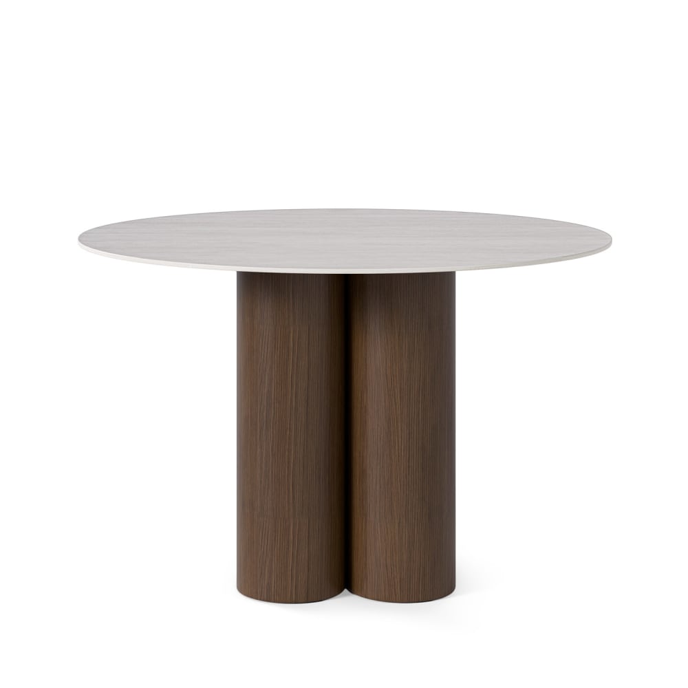Runder Tisch mit 120 Platte in Beige und Gestell aus Nussbaumholz