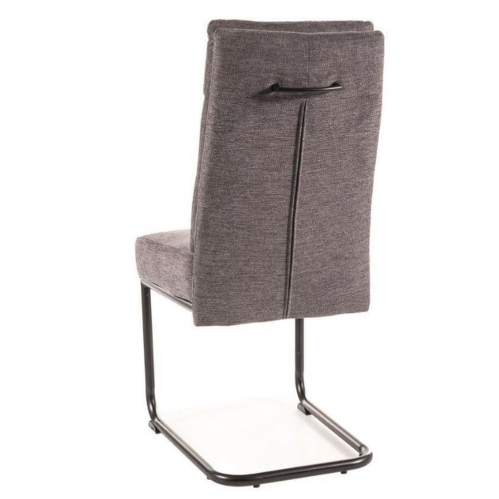 Designerstuhl aus dunkelgrauem Stoff mit schwarzem Metallgestell