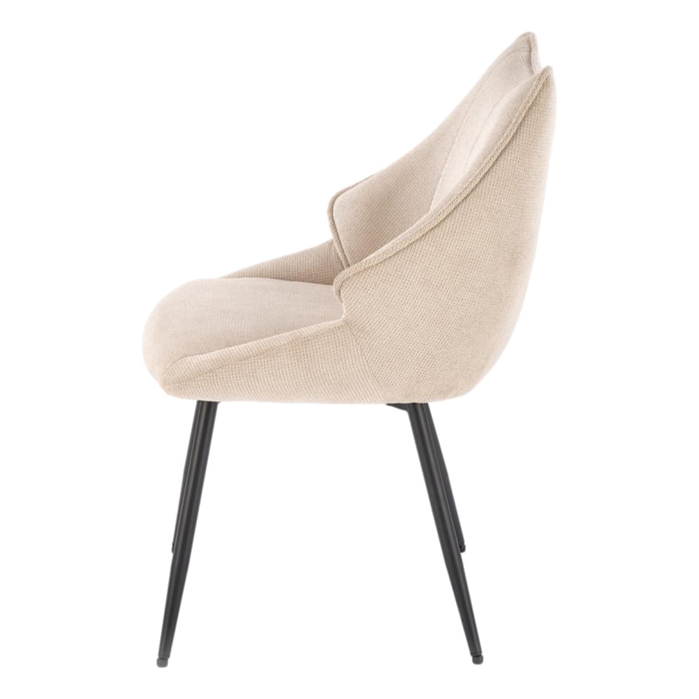 Designerstuhl aus beigem Stoff mit schwarzen Metallbeinen -