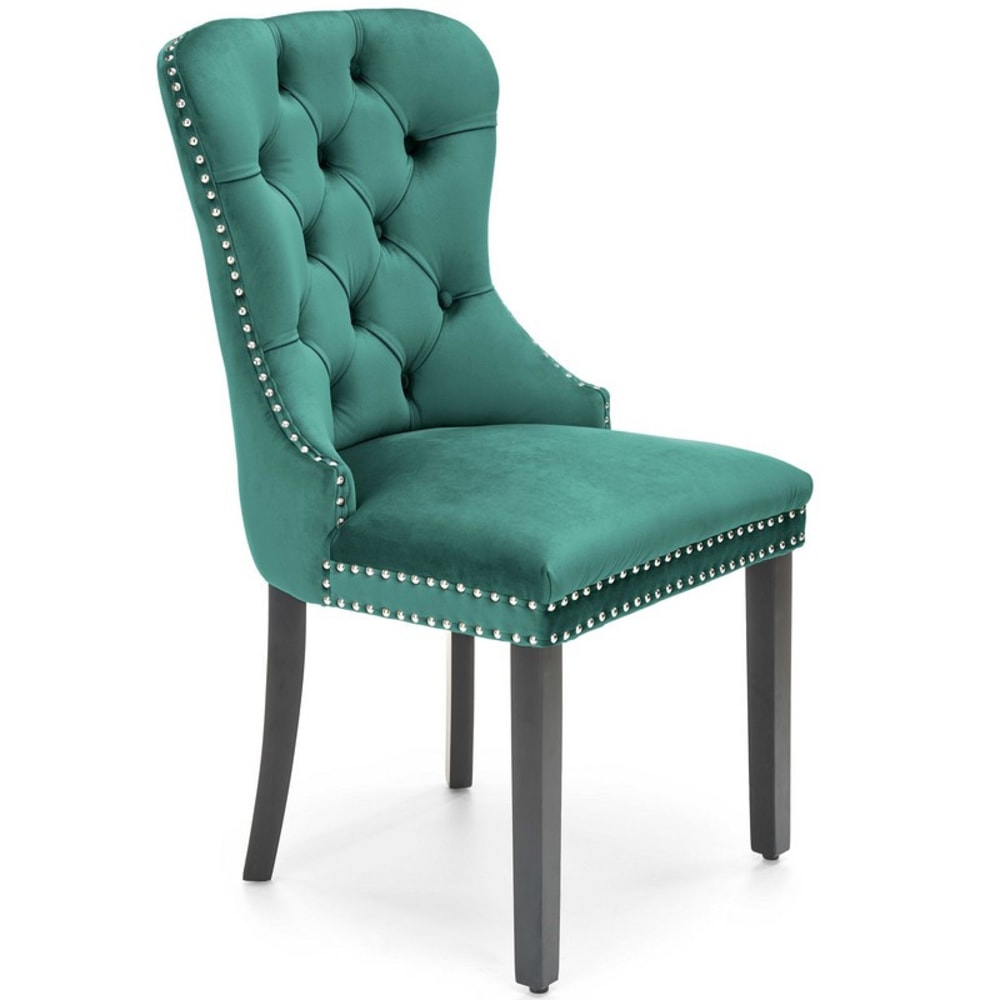 Chaise capitonnée verte en velours de polyester avec pieds noirs