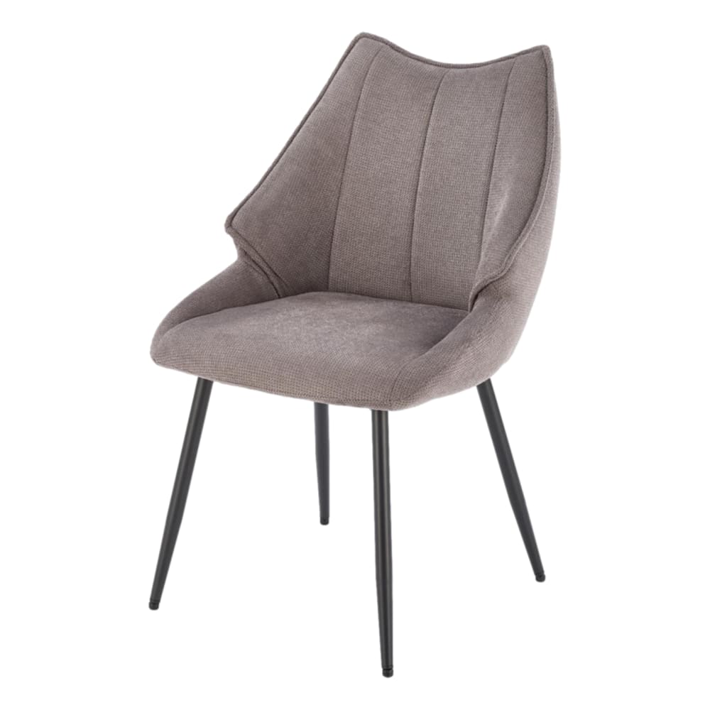 Designerstuhl aus grauem Stoff mit schwarzen Metallbeinen -