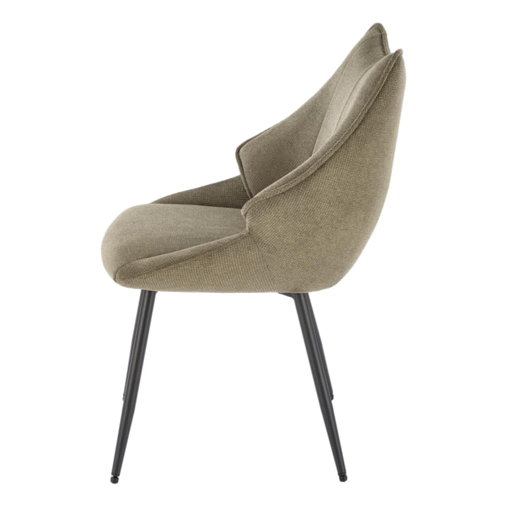 Designerstuhl aus olivgrünem Stoff mit schwarzen Metallbeinen -
