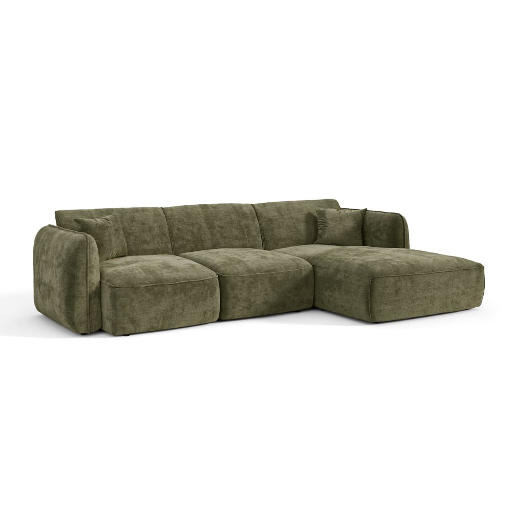 Canapé d'angle droit 4 places en velours gaufré vert vintage