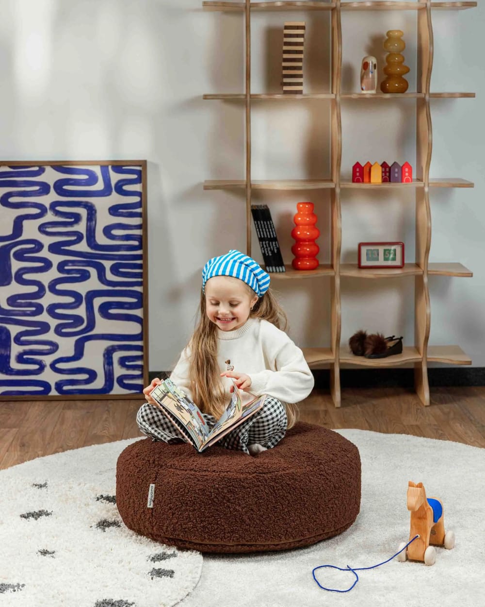 Runder Hocker aus Teddy-Stoff 65 x 65 x 20 cm, Warme Haselnuss -