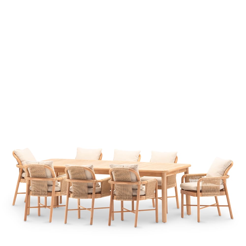 Set table 240x100 avec 8 chaises en teck et rotin Set table 240x100 avec 8 chaises en teck et rotin