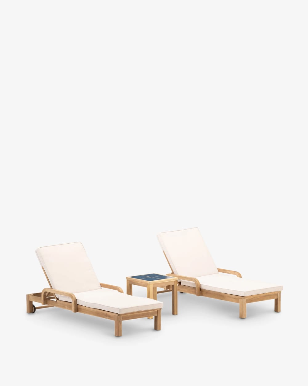 Set de 2 chaises longues et table basse en céramique bleue 45x45