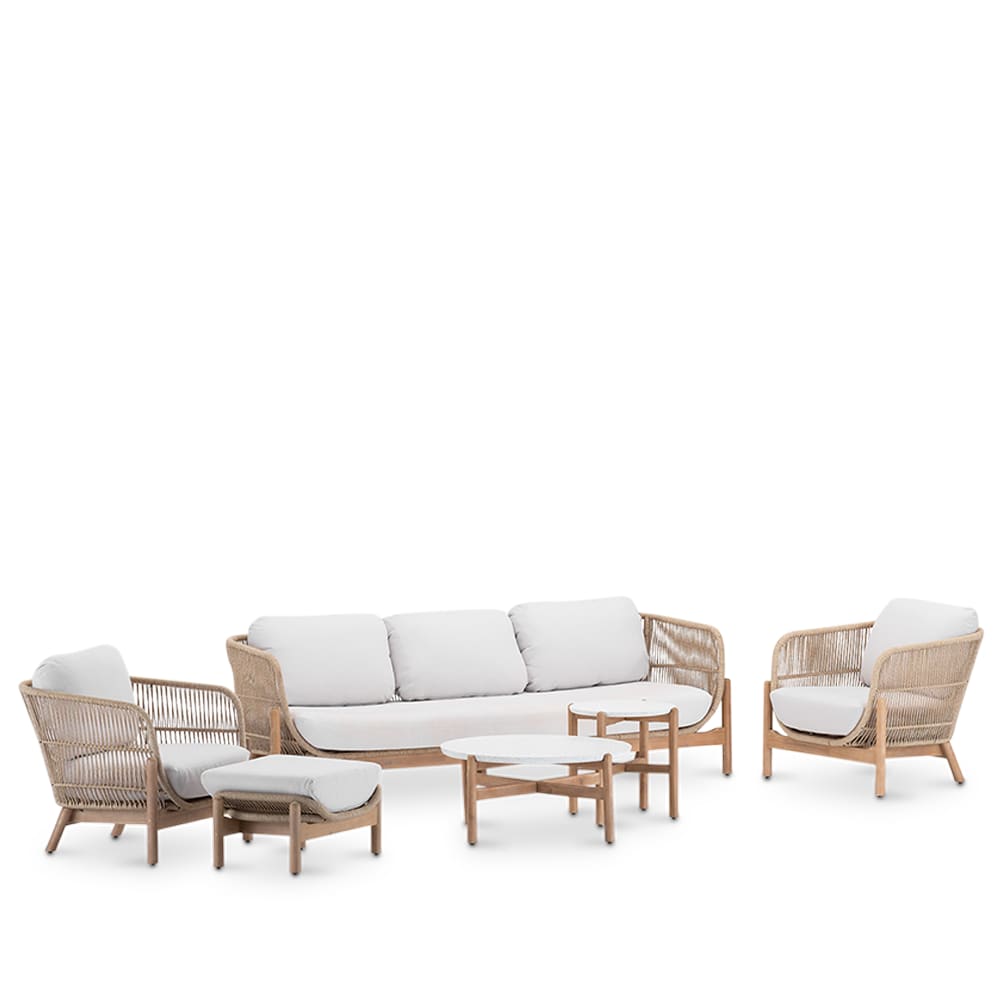 Set de jardin en bois et corde 5 places avec repose-pied